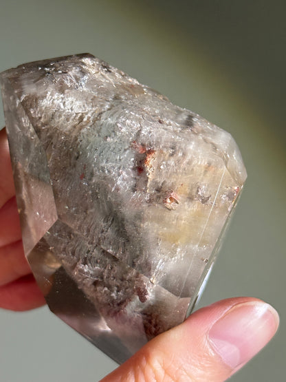 Large Dreamy Sage Green Layered Lodalite x Amphibole In Quartz Freeform, Brazil