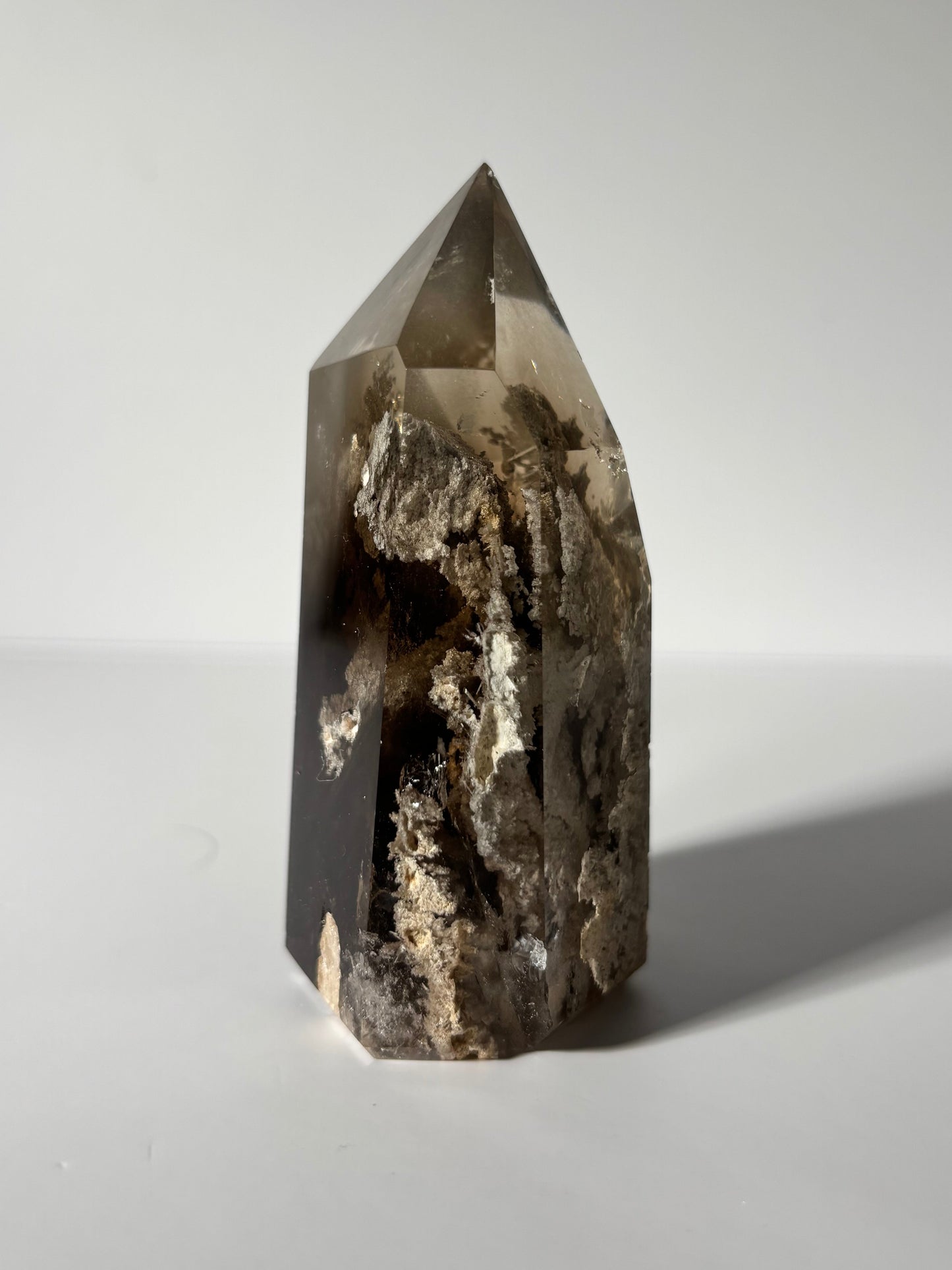 Statement Large Moody Smoky Quartz Tower With White Lodalite & Rutile, Brazil