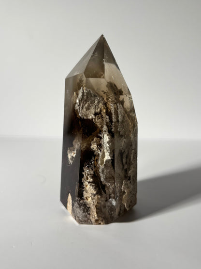Statement Large Moody Smoky Quartz Tower With White Lodalite & Rutile, Brazil