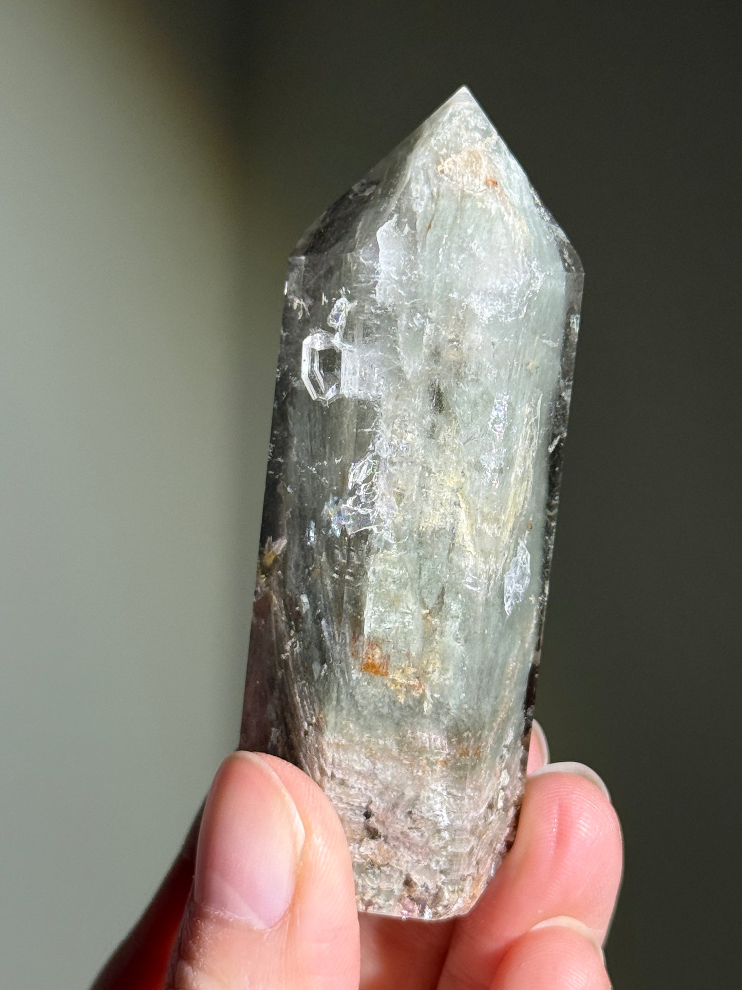 Unique Mint Green & Pink Garden Quartz Tower With Penetrator, Zambia