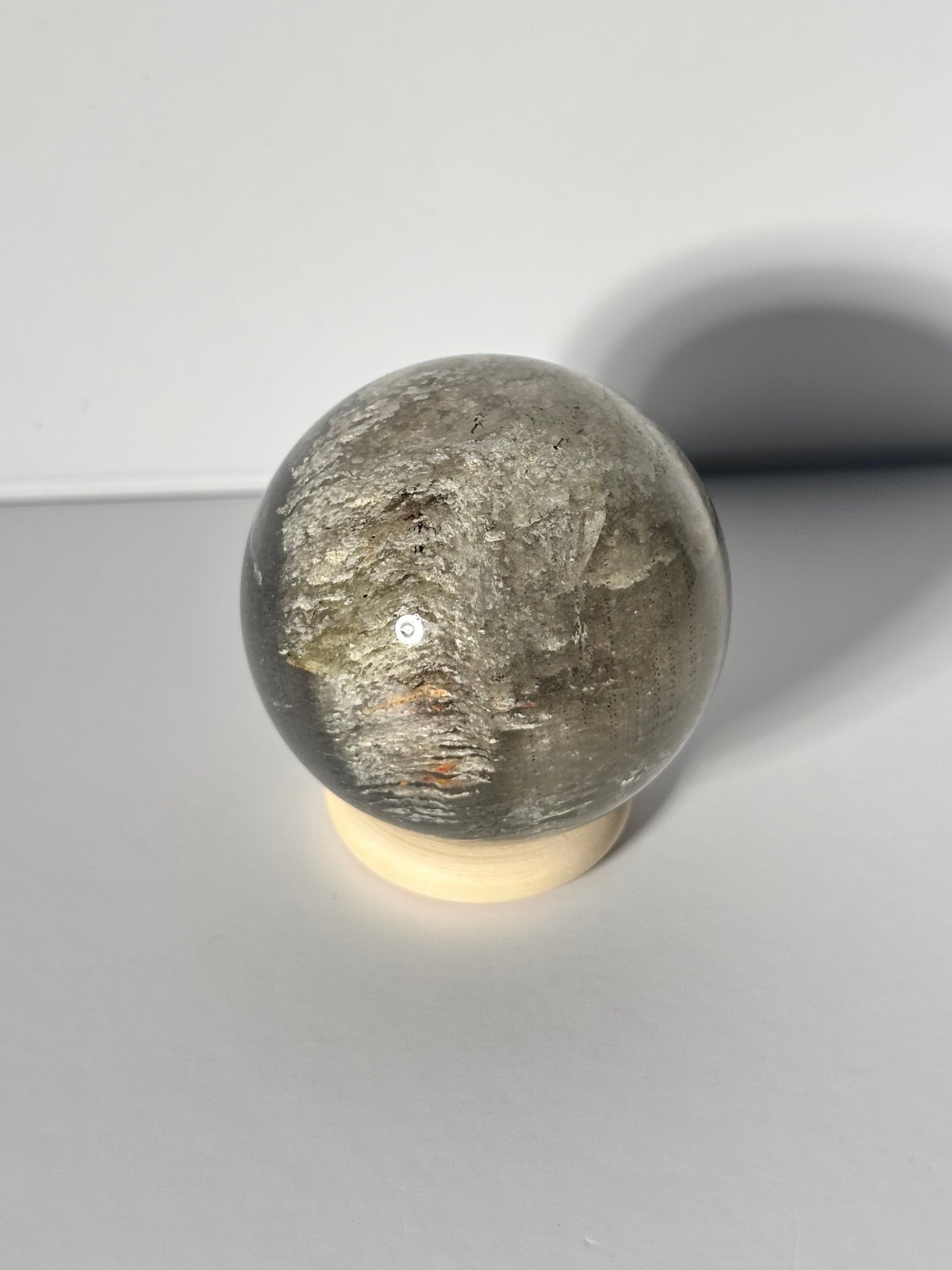 Unique Spooky White Layered Lodalite With Black Rutile Sphere, Brazil