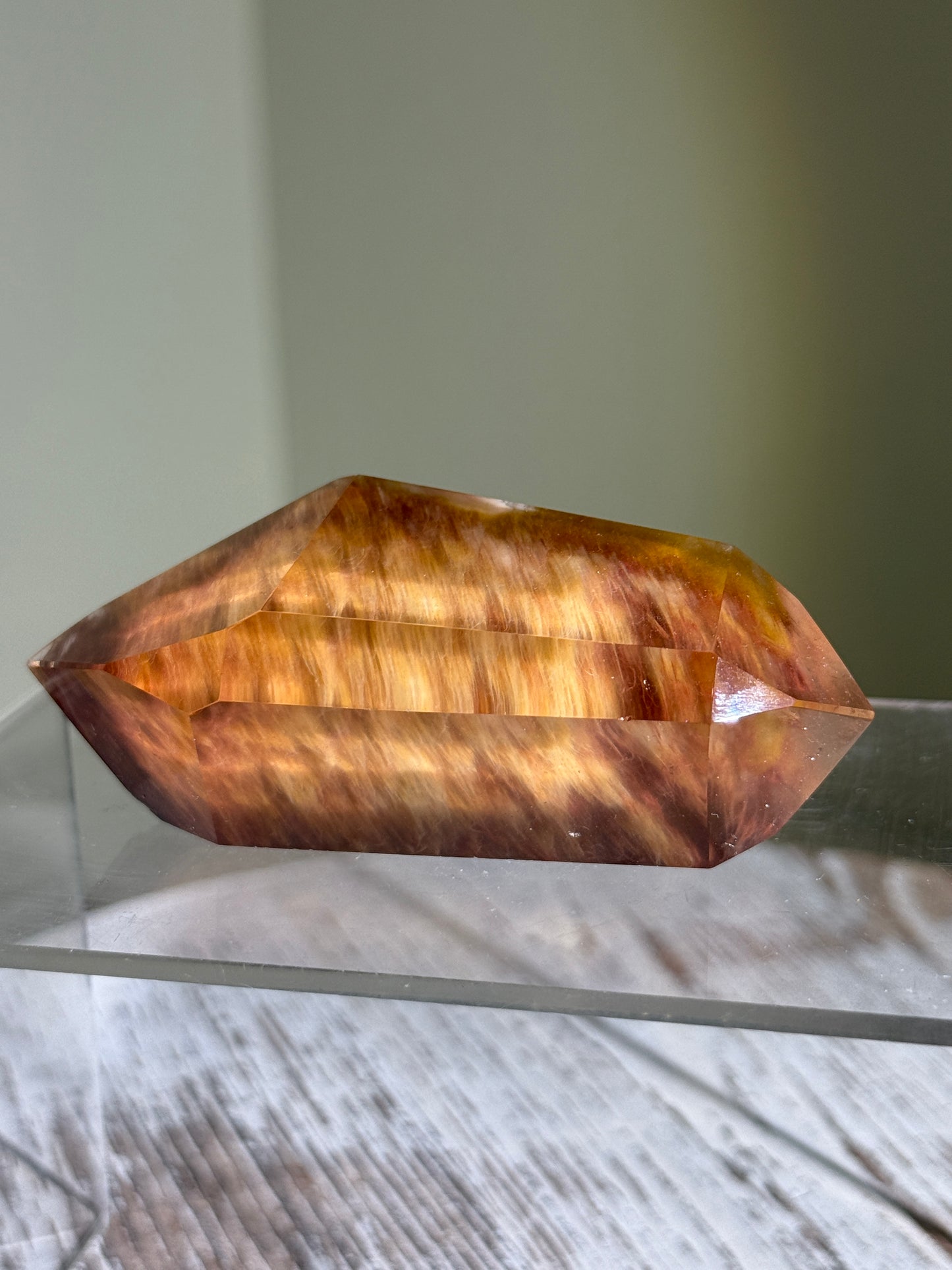 Collector's Grade Water Clear Orange Red Amphibole Quartz Double Terminated Freeform