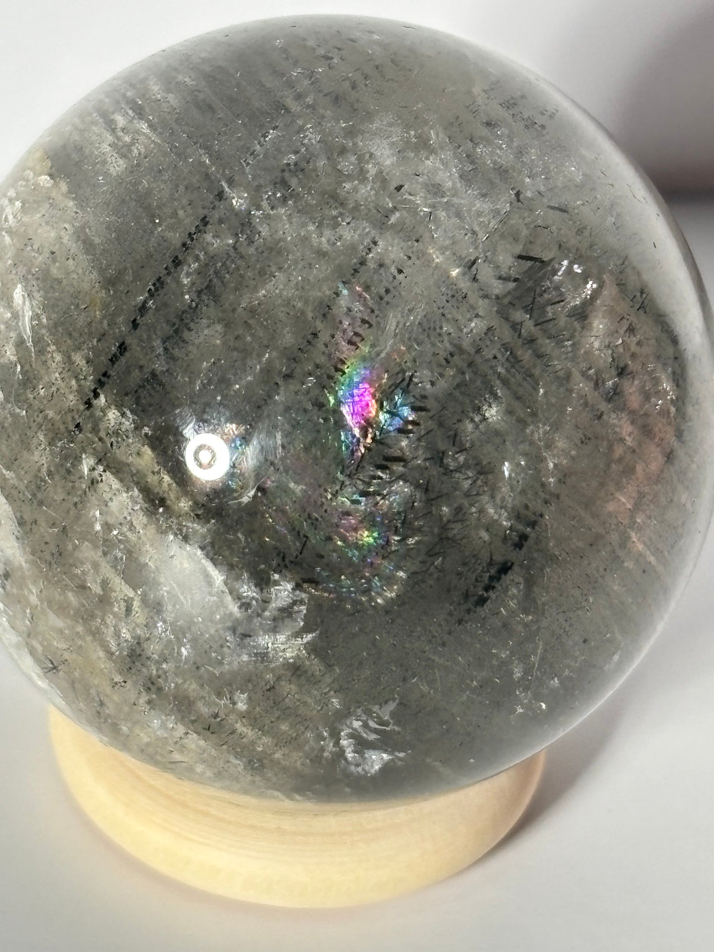 Unique Spooky White Layered Lodalite With Black Rutile Sphere, Brazil