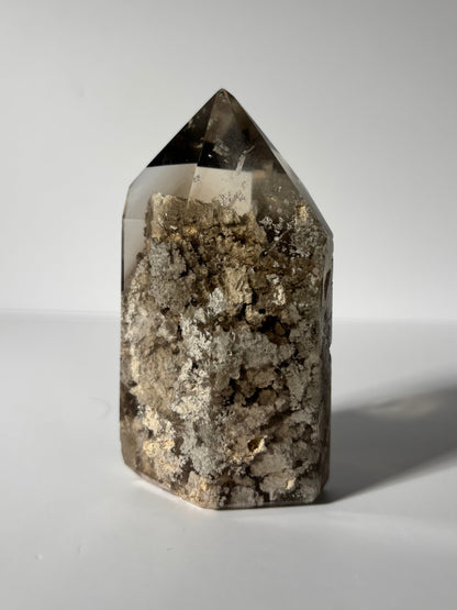 Statement Large Moody Smoky Quartz Tower With White Lodalite & Rutile, Brazil