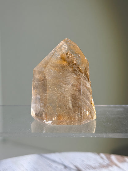 High Quality Chunky Golden Rutile x Cubic Calcite Tower, Brazil