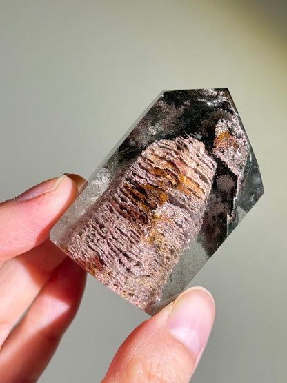 High Quality Phantom Green Chlorite Layered Pink Lodalite in Quartz Tower, Zambia