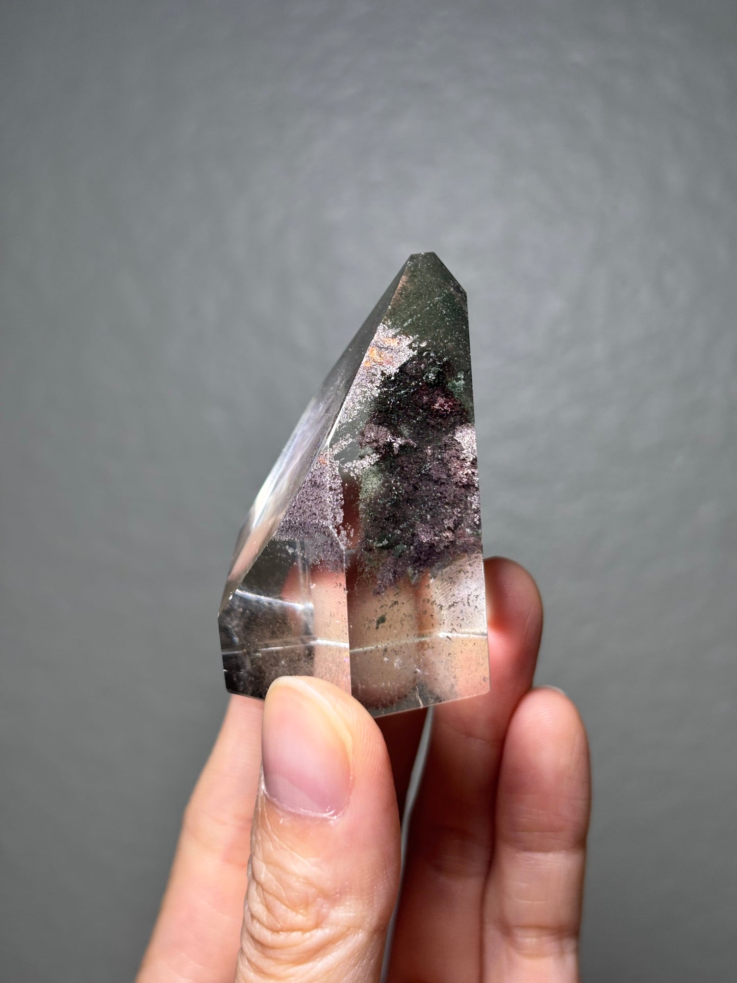 High Quality Water Clear Green Phantom Chlorite & Purple Lodalite Tower, Brazil