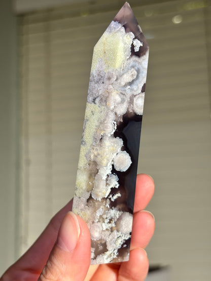 High Quality Rare Black & Green Flower Agate Tower, Madagascar