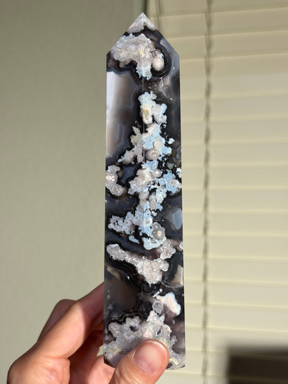 Statement Black & Baby Blue Flower Agate Tower, Madagascar