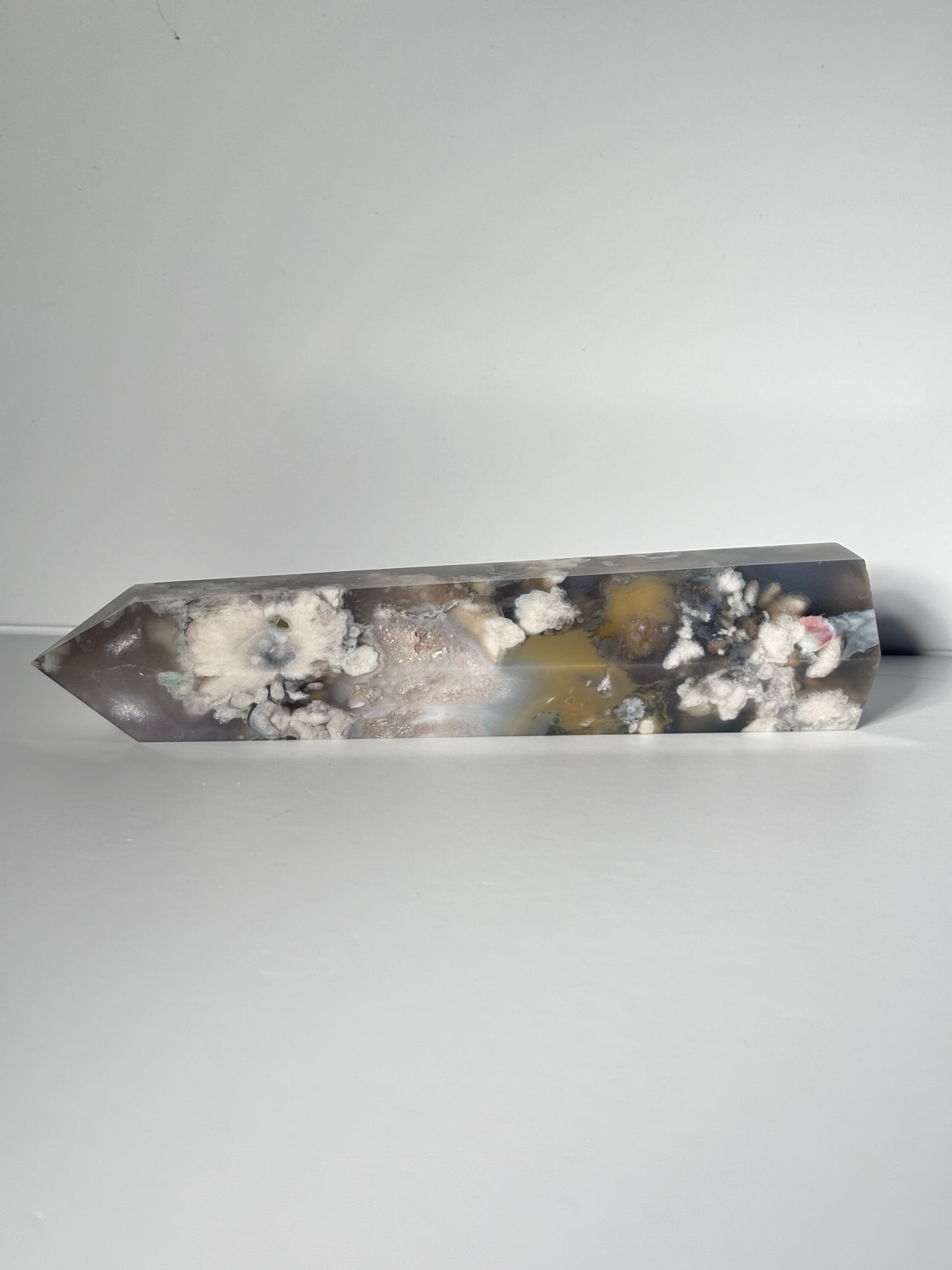 Large Black Flower Agate Tower With Pink Amethyst Inclusion, Madagascar