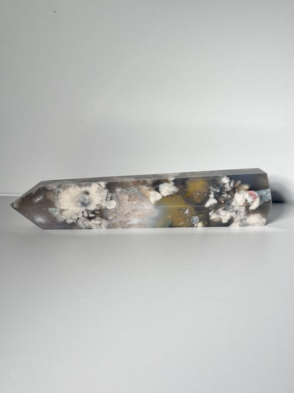 Large Black Flower Agate Tower With Pink Amethyst Inclusion, Madagascar