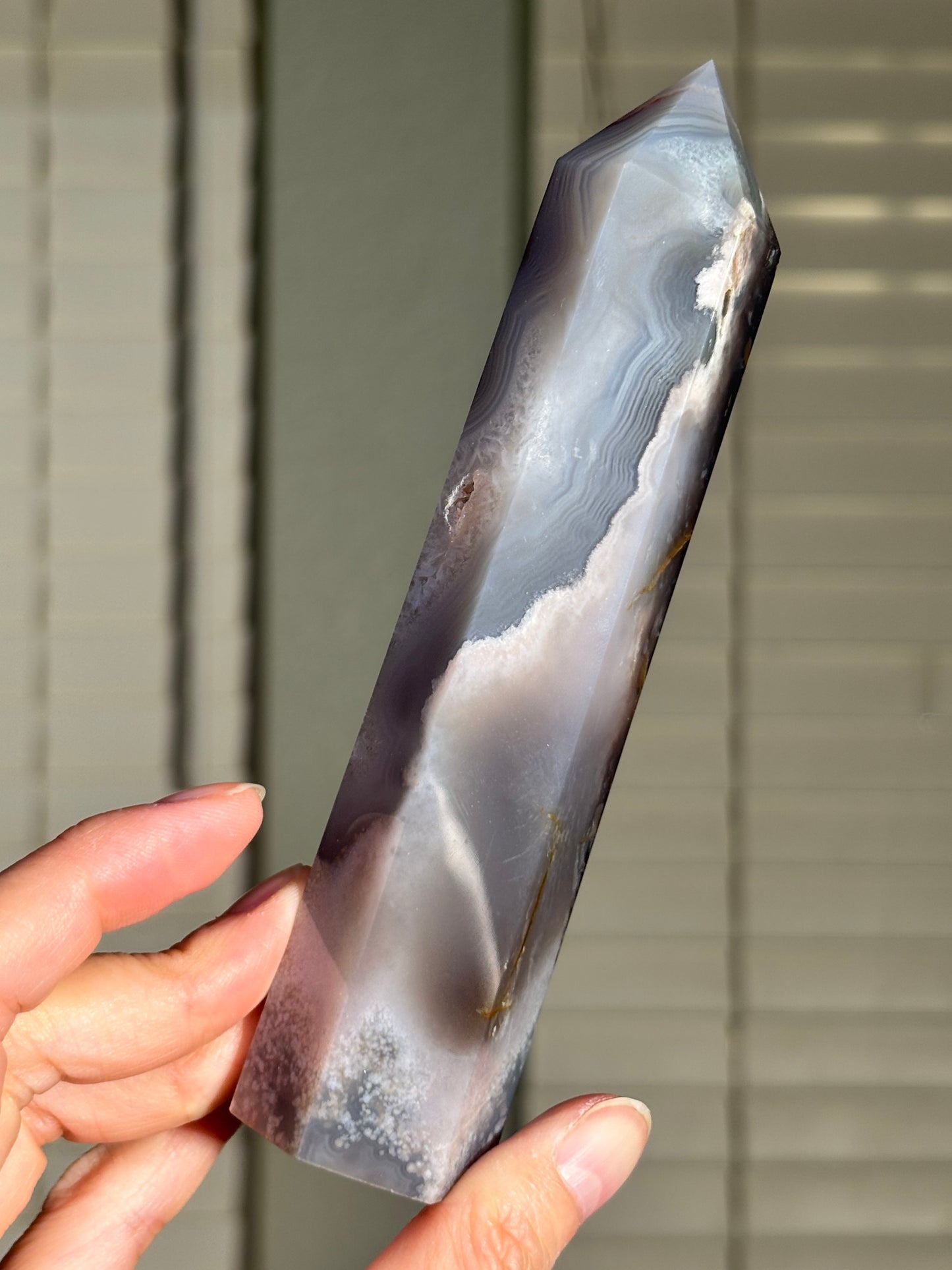 Moody Pastel Blue Gray Flower Agate Tower, Madagascar