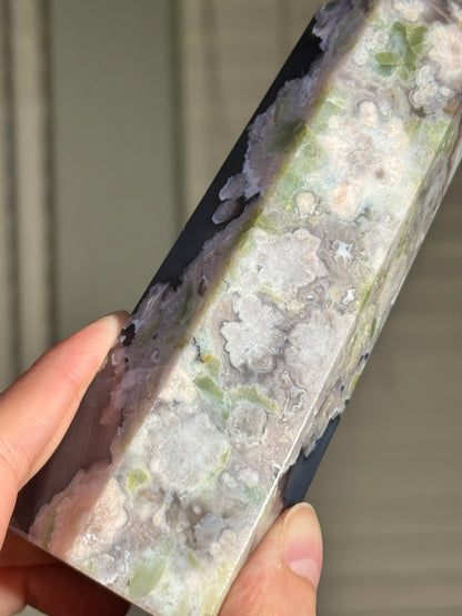 Statement Large Chunky Rare Black & Green Flower Agate Tower, Madagascar