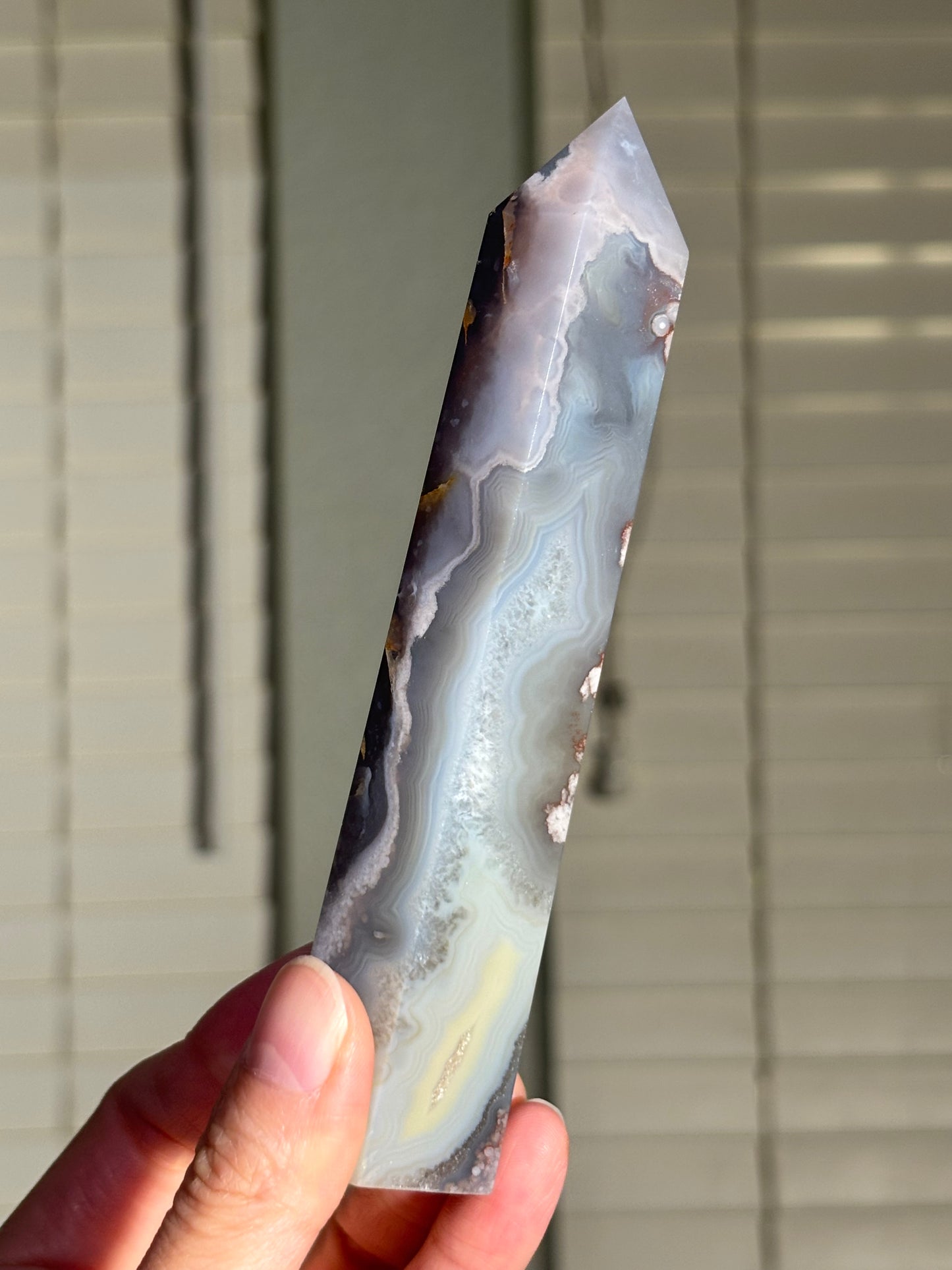 Moody Pastel Blue Gray Flower Agate Tower, Madagascar