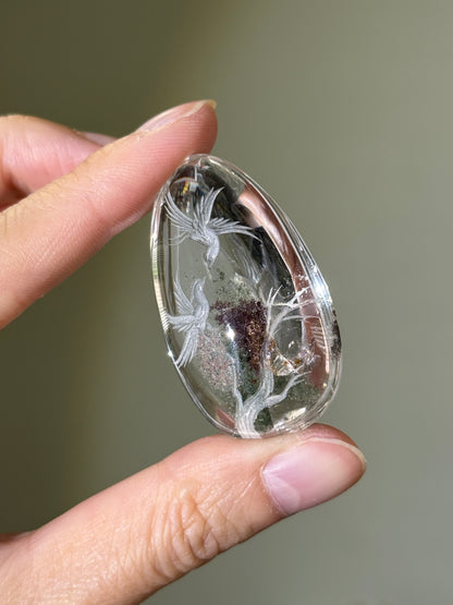 High Quality Water Clear Etched Garden Quartz Teardrop, Bird Lovers