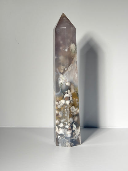 Large Black Flower Agate Tower With Pink Amethyst Inclusion, Madagascar