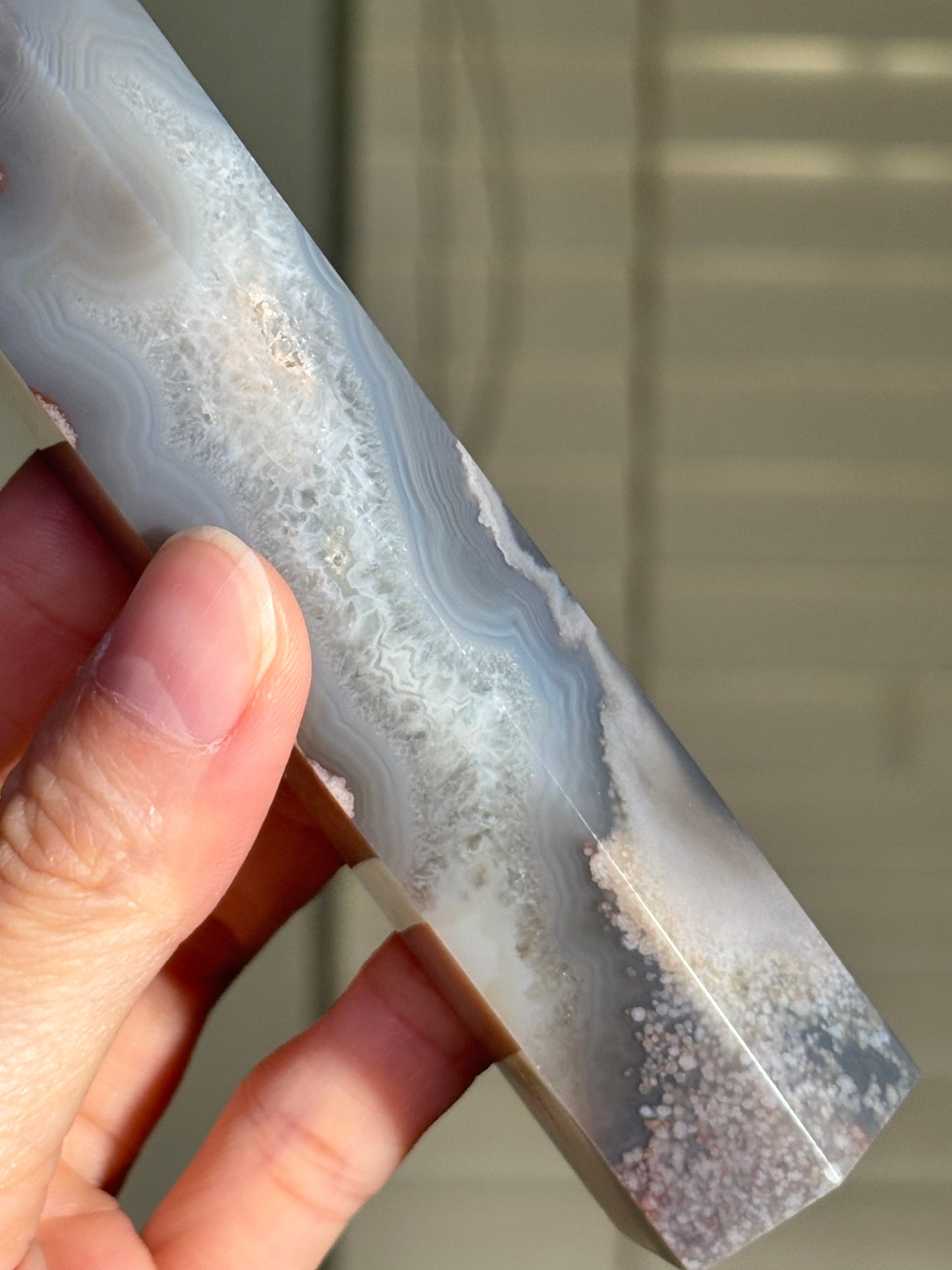 Moody Pastel Blue Gray Flower Agate Tower, Madagascar