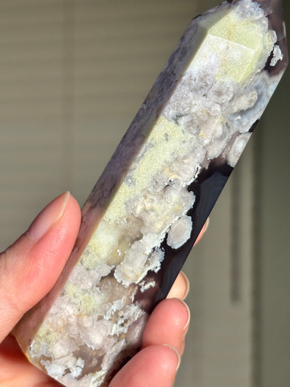 High Quality Rare Black & Green Flower Agate Tower, Madagascar