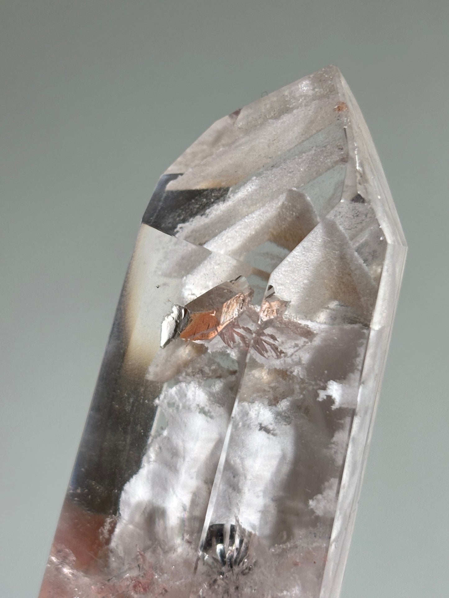 Rare Water Clear White Layered Phantom Lodalite Quartz Tower With Manifestation Quartz, Brazil
