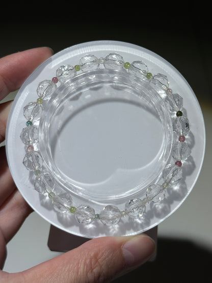 Faceted Clear Quartz Bracelets With Watermelon Tourmaline Beads, 8mm