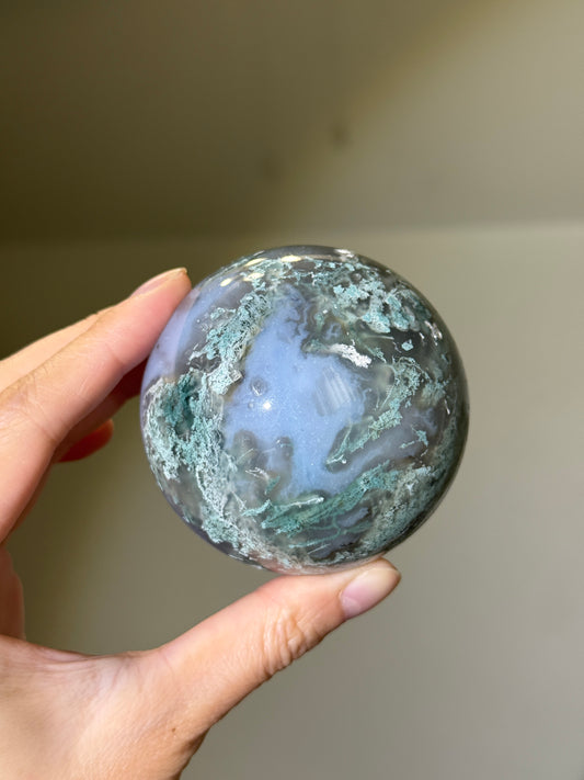 Large Moss Agate Sphere With Blue Chalcedony