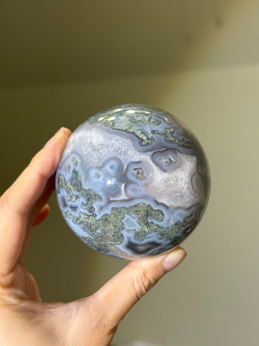 Large Moss Agate Sphere With Blue Chalcedony