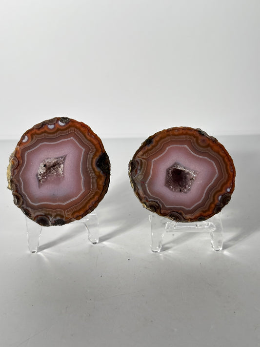 High Quality Large Pink Druzy Zhanguo Agate Pair, China