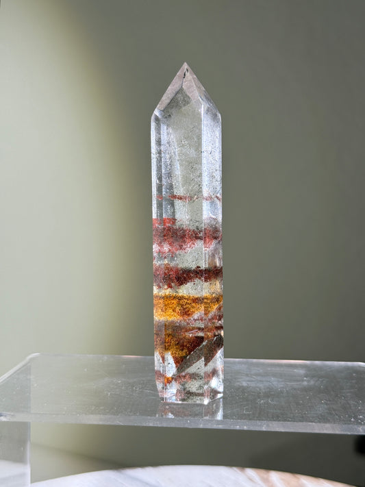 High Quality Colorful Layered Lodolite & Green Chlorite in Quartz Tower, Brazil