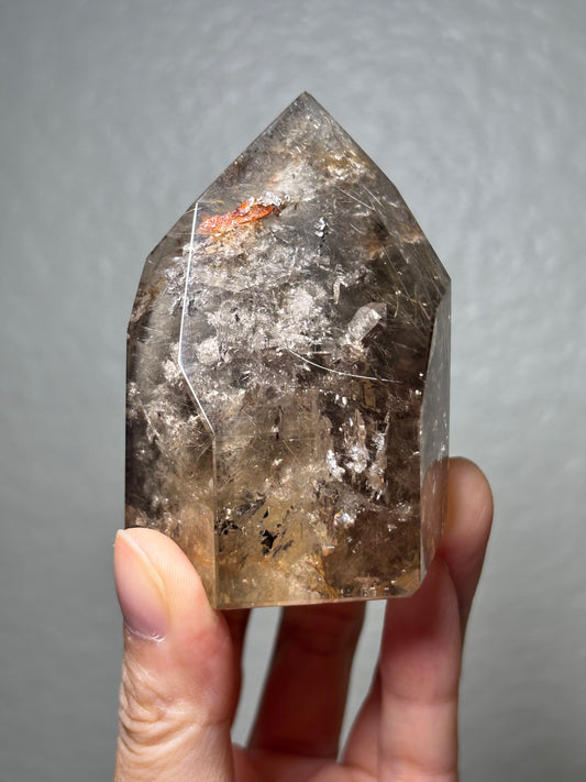 Collector’s Grade Rare Smoky Quartz With Blue Amphibole, Lodalite, Manifestation Quartz & Rutile Tower, Brazil
