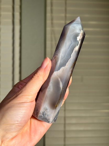 Moody Pastel Blue Gray Flower Agate Tower, Madagascar