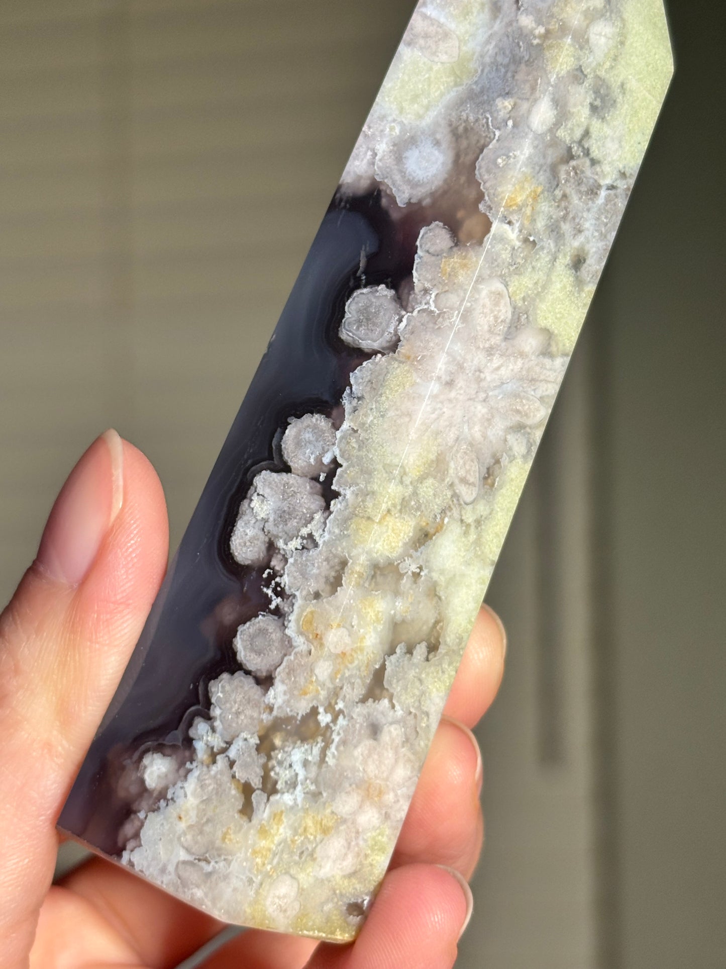 High Quality Rare Black & Green Flower Agate Tower, Madagascar