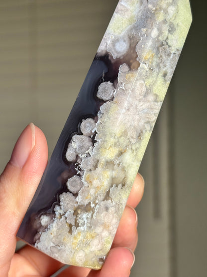 High Quality Rare Black & Green Flower Agate Tower, Madagascar