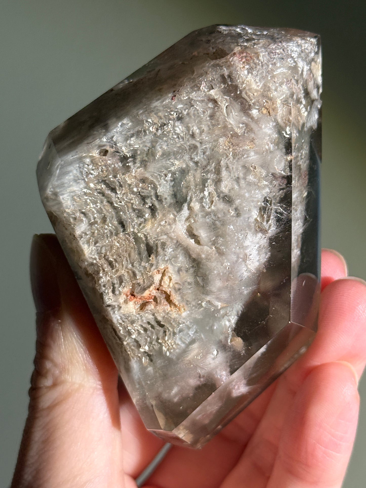 Large Dreamy Sage Green Layered Lodalite x Amphibole In Quartz Freeform, Brazil