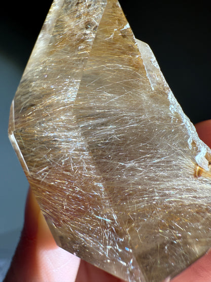 High Quality Chunky Golden Rutile x Cubic Calcite Tower, Brazil