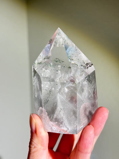 High Quality Statement Collector’s White & Green Phantom Chlorite in Quartz Tower, Brazil