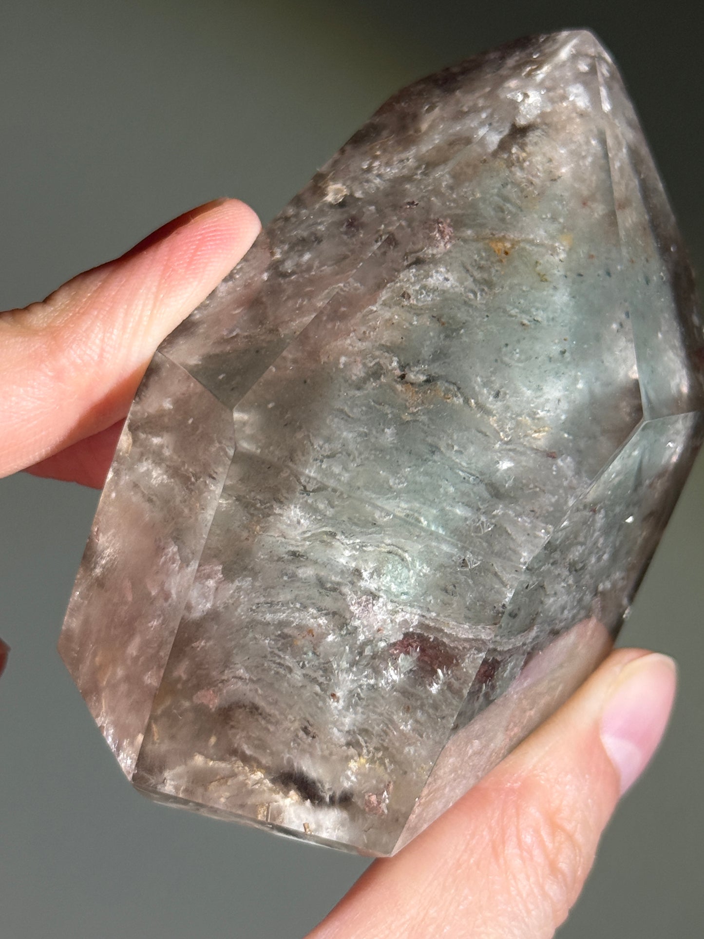 Large Dreamy Sage Green Layered Lodalite x Amphibole In Quartz Freeform, Brazil