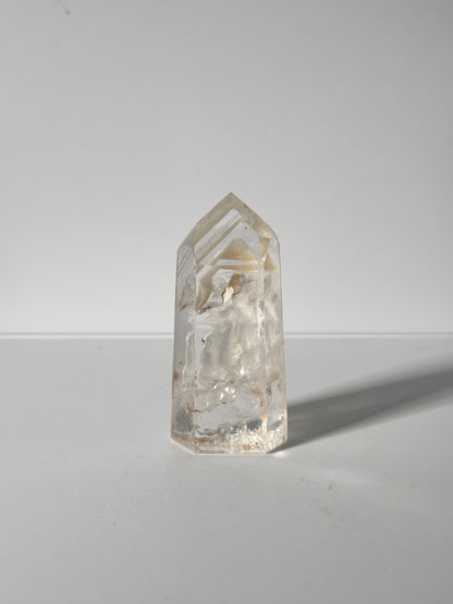 Rare Water Clear White Layered Phantom Lodalite Quartz Tower With Manifestation Quartz, Brazil