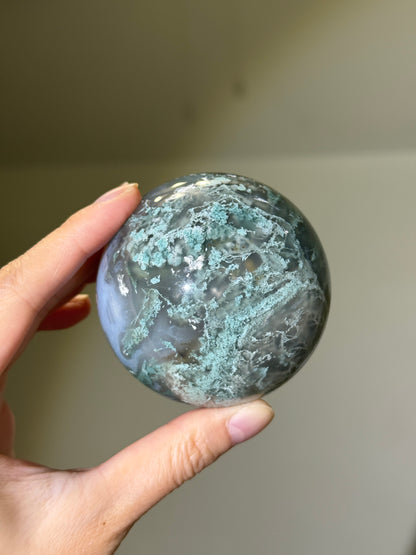 Large Moss Agate Sphere With Blue Chalcedony