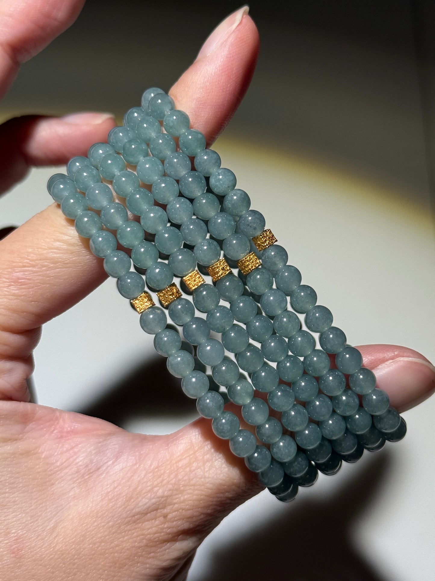 Blue Water Jade Bracelets With Golden Accent Beads, 5mm