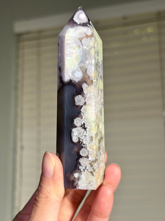 High Quality Rare Black & Green Flower Agate Tower, Madagascar