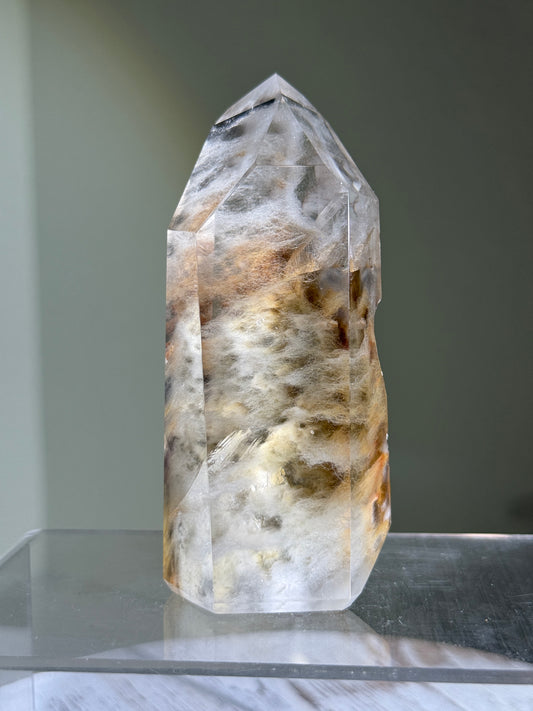 Large Collector's Grade Gray & Golden Sunset Amphibole Quartz Tower With Manifestation Quartz, Brazil