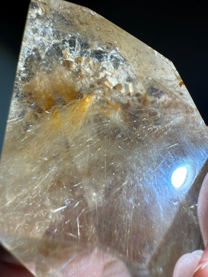 High Quality Chunky Golden Rutile x Cubic Calcite Tower, Brazil