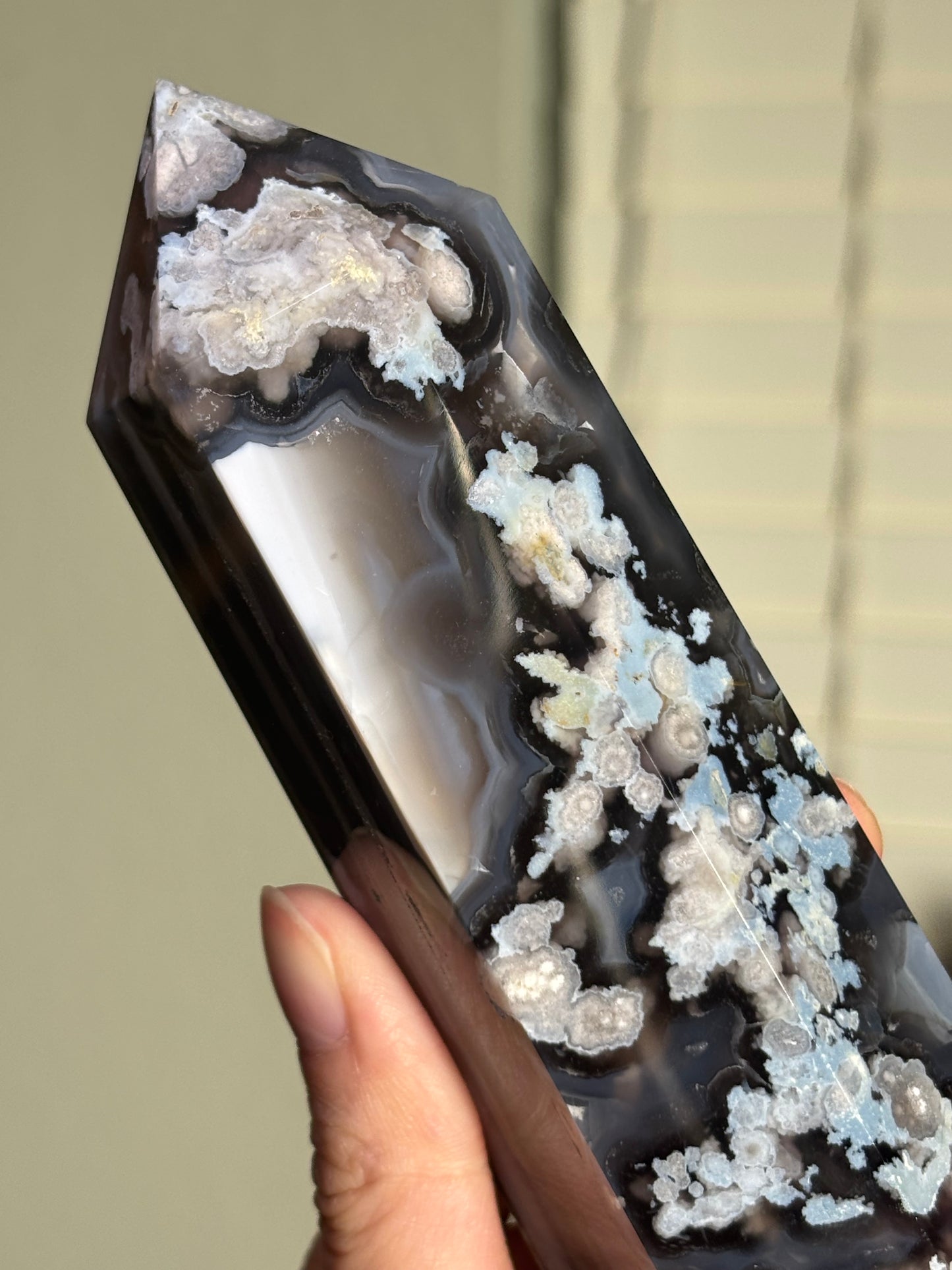 Statement Black & Baby Blue Flower Agate Tower, Madagascar