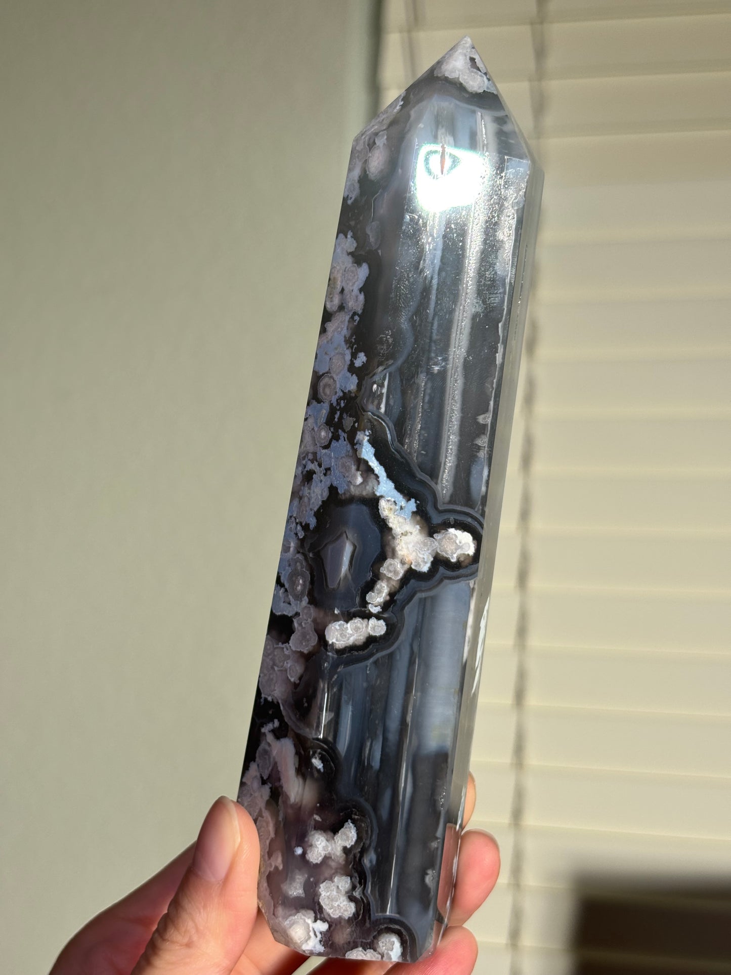 Statement Black & Baby Blue Flower Agate Tower, Madagascar