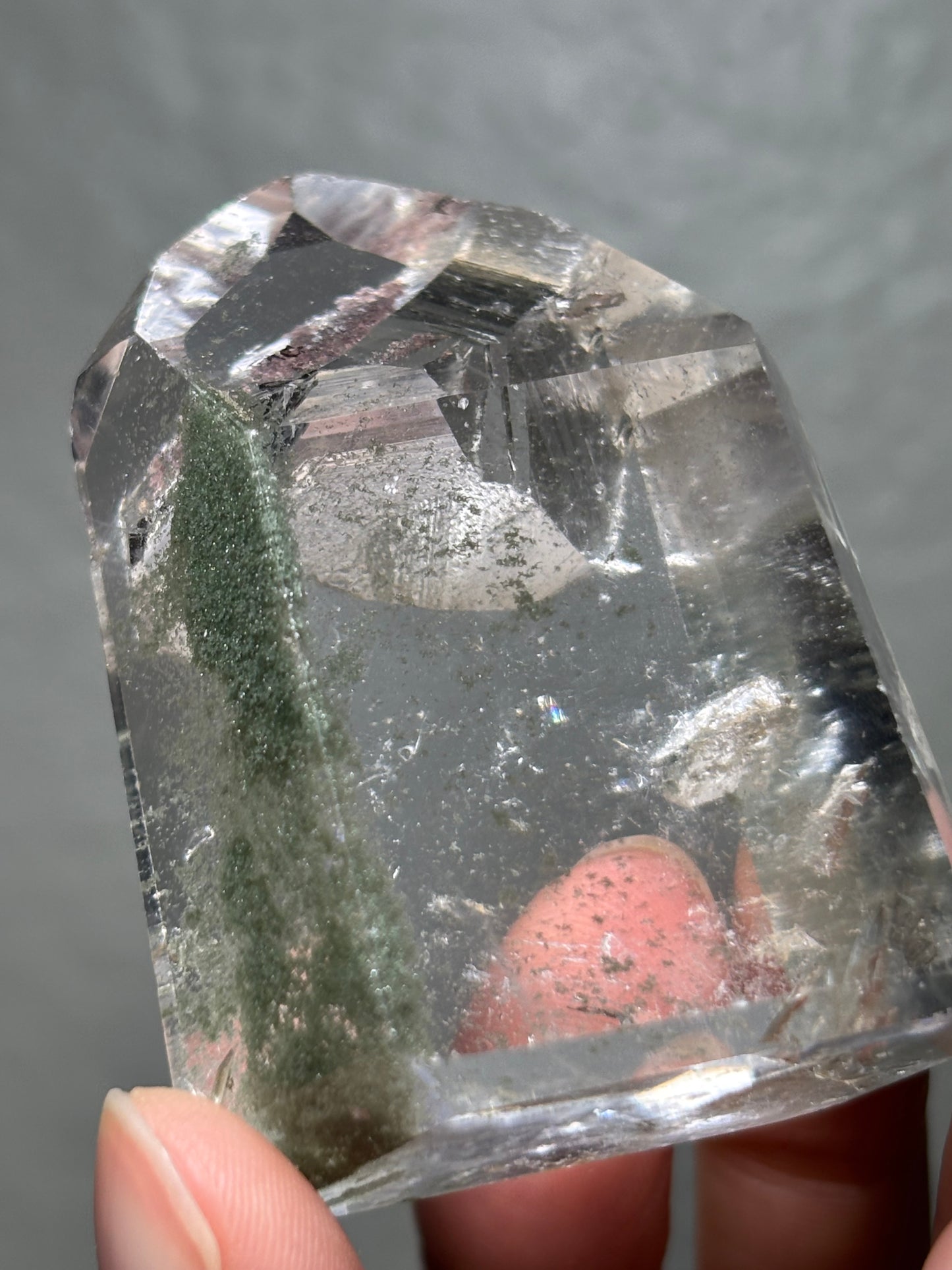 High Quality Water Clear Green Chlorite x Penetrator Quartz Tower, Brazil