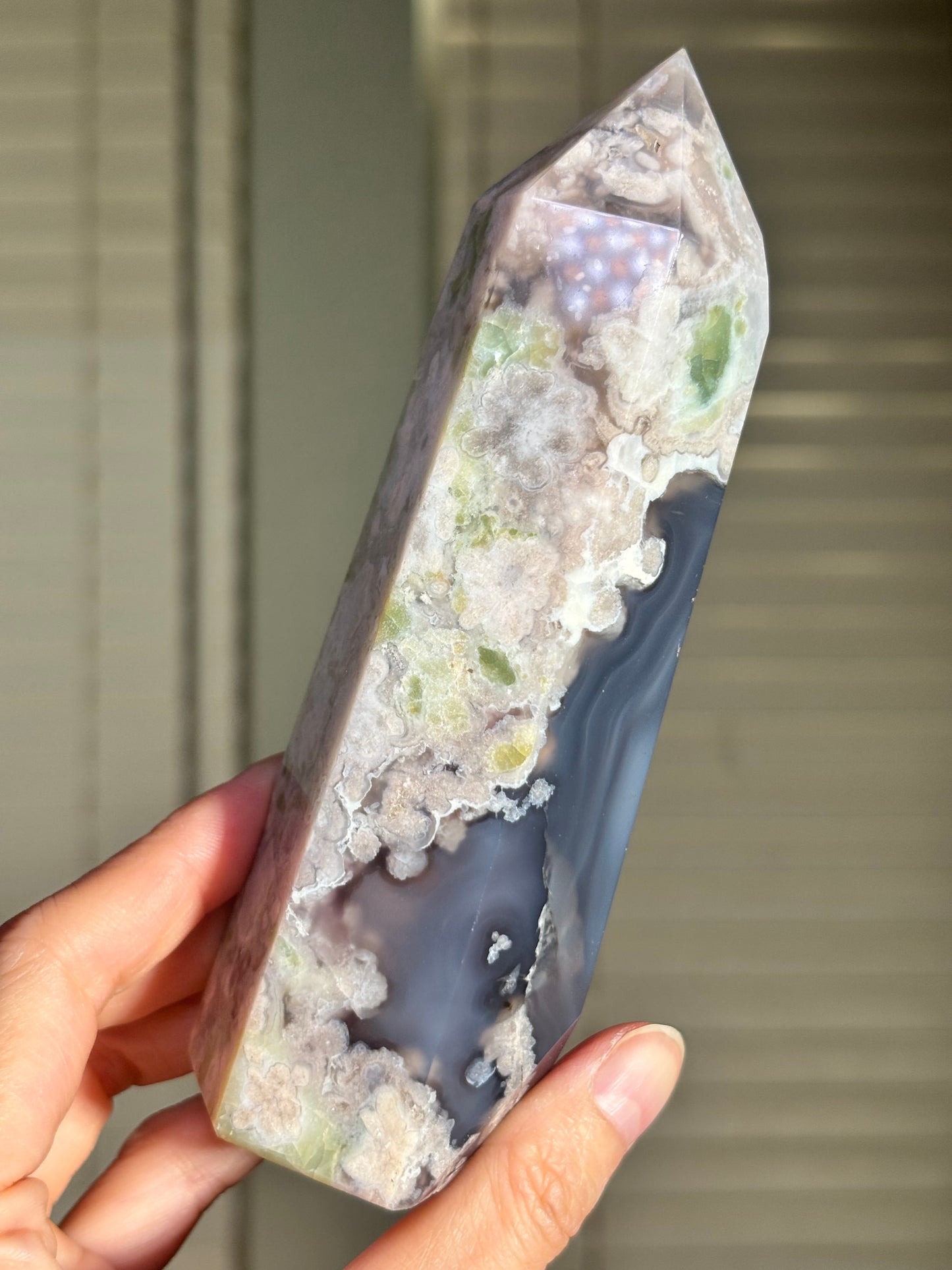 Statement Large Chunky Rare Black & Green Flower Agate Tower, Madagascar