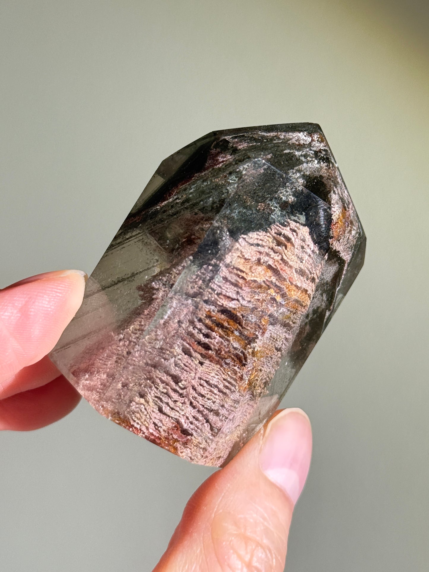 High Quality Phantom Green Chlorite Layered Pink Lodalite in Quartz Tower, Zambia