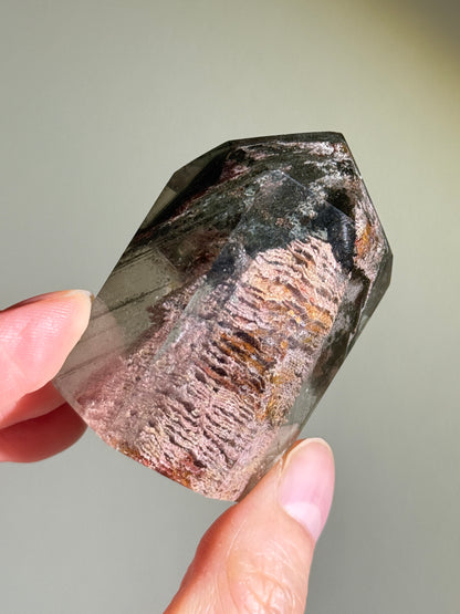 High Quality Phantom Green Chlorite Layered Pink Lodalite in Quartz Tower, Zambia