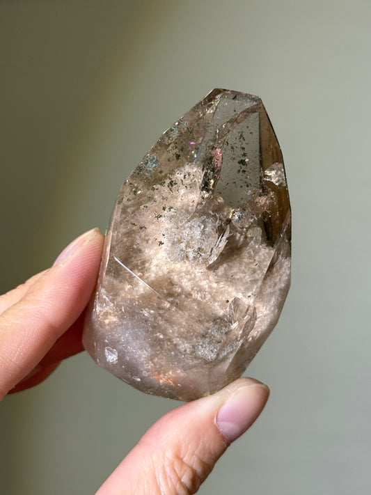 Collector’s Grade Beige Amphibole With Chlorite & Manifestation Quartz, Crystal in Crystal Freeform, Brazil