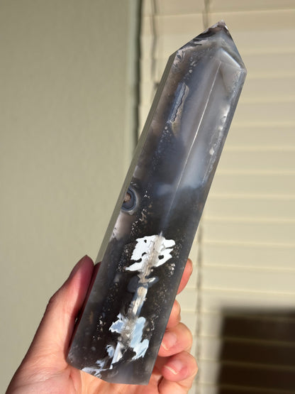 Statement Black & Baby Blue Flower Agate Tower, Madagascar